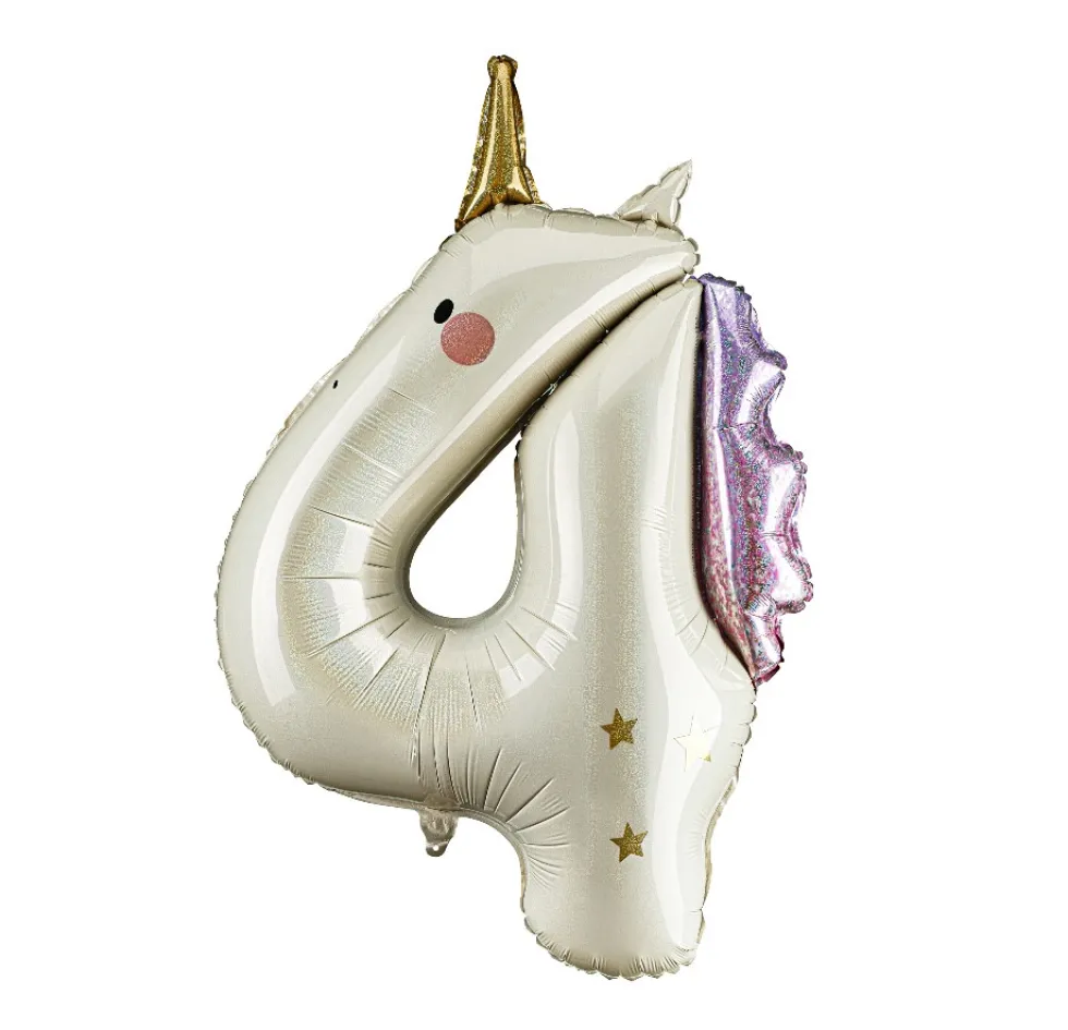 Balon foliowy Cyfra 4 Jednorożec - kremowy holo 93 cm