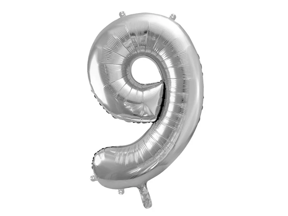 Balon foliowy cyfra 9 - srebrny, 86 cm