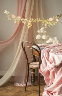Baner Happy Birthday Kwiaty - złoty, 18,3 cm x 1,3 m