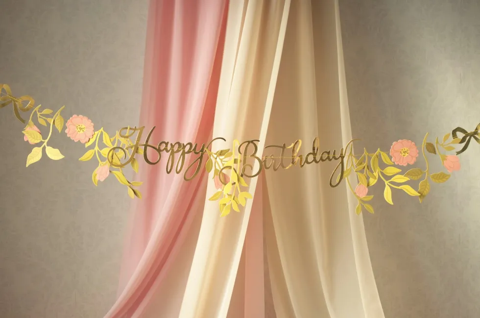 Baner Happy Birthday Kwiaty - złoty, 18,3 cm x 1,3 m