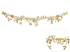 Baner Happy Birthday Kwiaty - złoty, 18,3 cm x 1,3 m