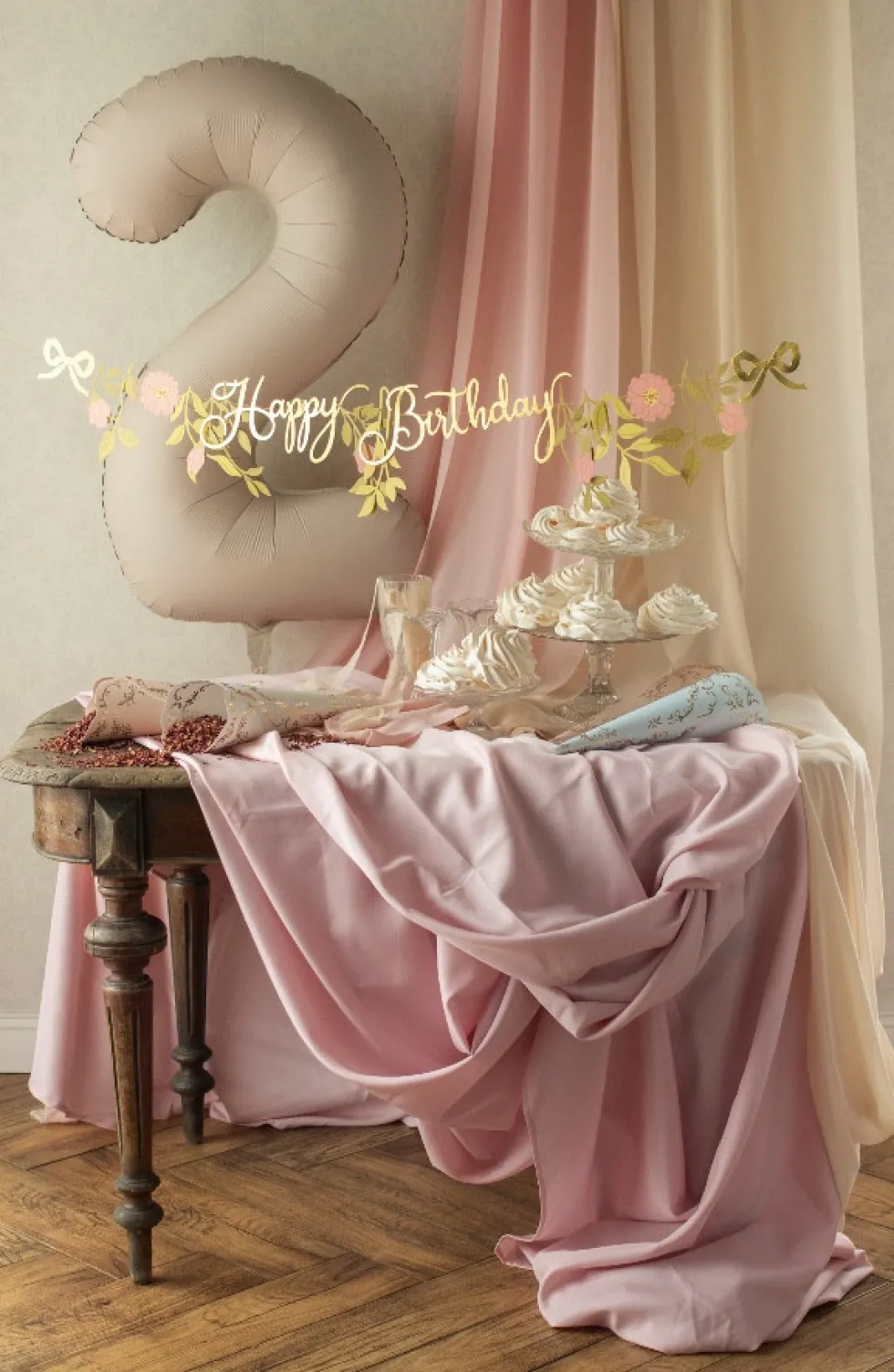 Baner Happy Birthday Kwiaty - złoty, 18,3 cm x 1,3 m