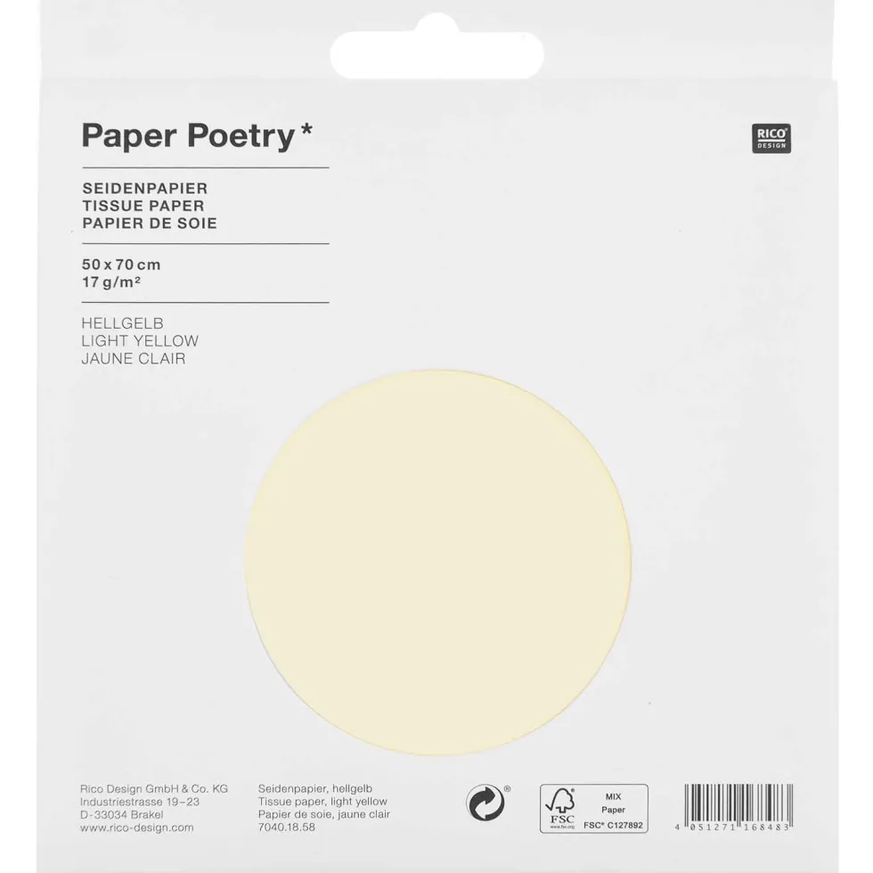 Bibuła gładka do pakowania prezentów - Paper Poetry - jasnożółta, 5 szt.