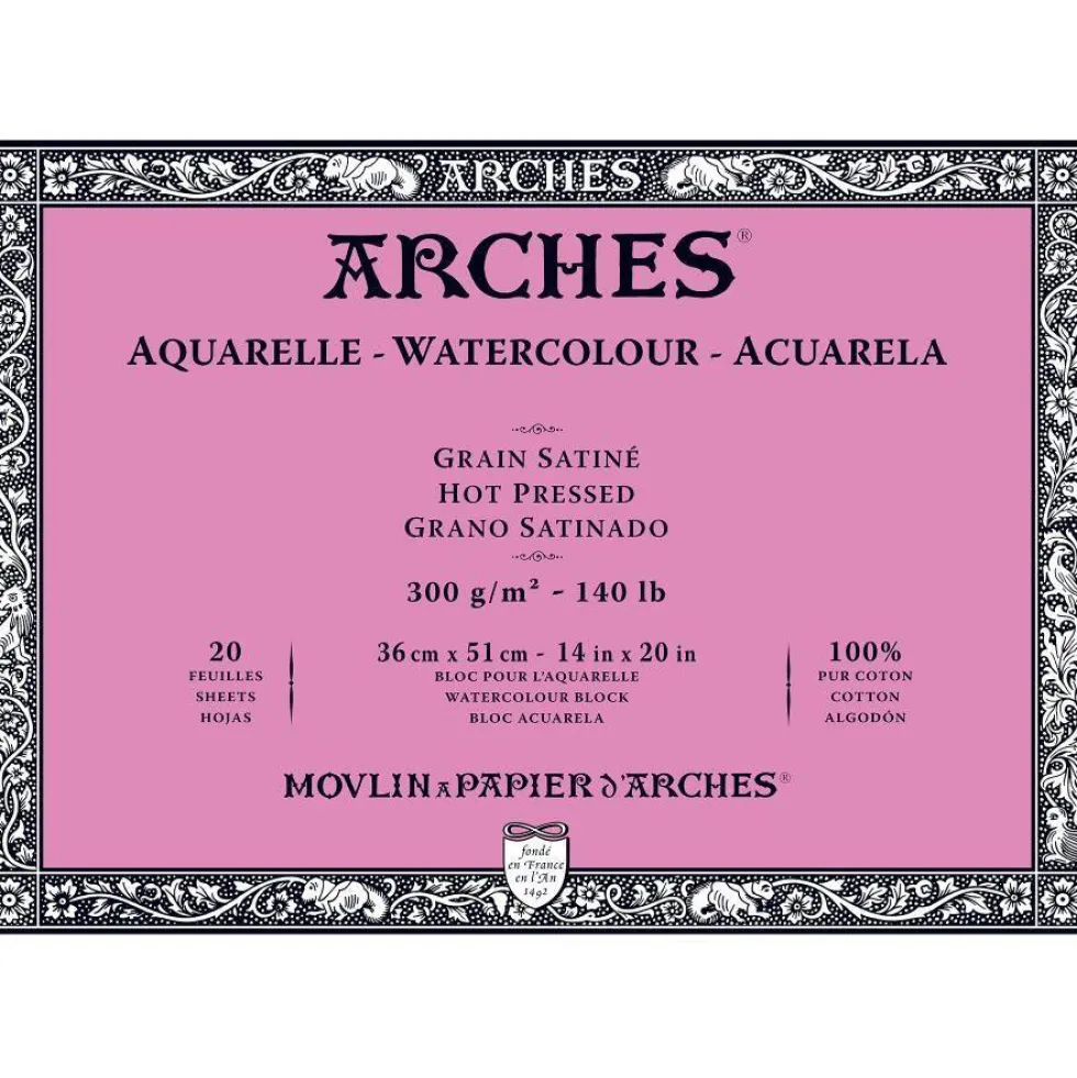 Blok do akwareli - Arches - hot pressed, 36 x 51 cm, 300 g, 20 ark.