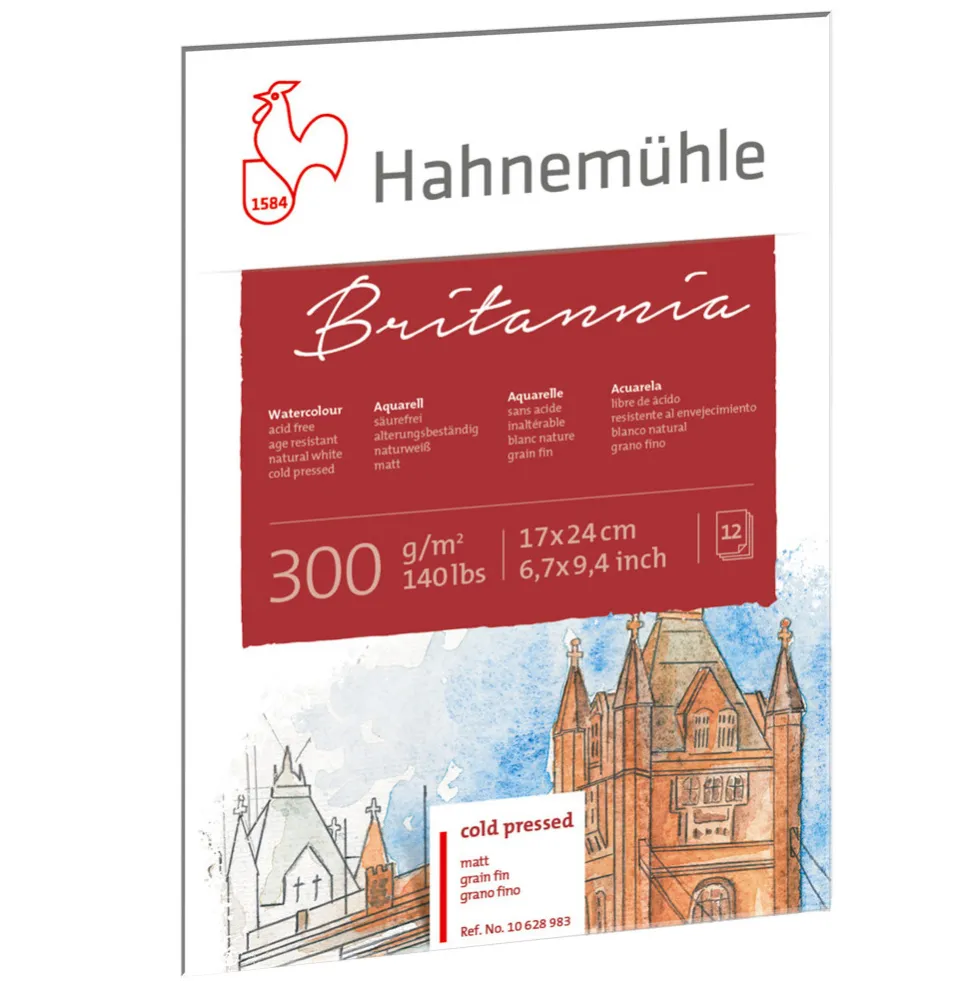 Blok do akwareli Britannia - Hahnemühle - cold pressed, 17 x 24 cm, 300 g, 12 ark.