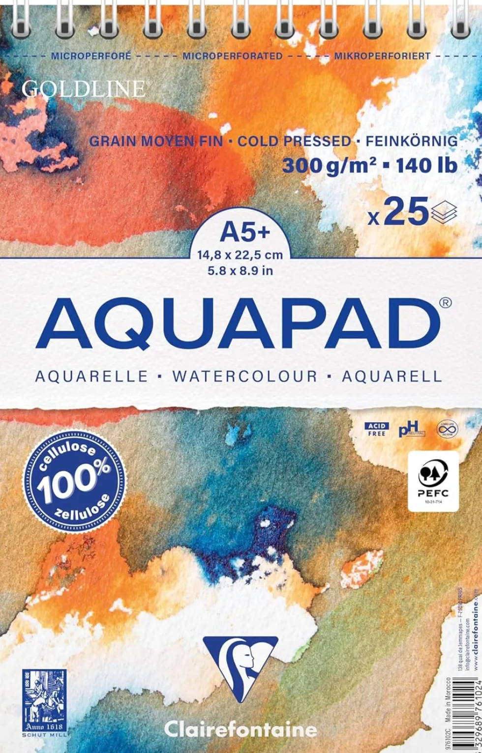 Blok do akwareli na spirali Aquapad Watercolour - Clairefontaine - A5, 300 g, 25 ark.