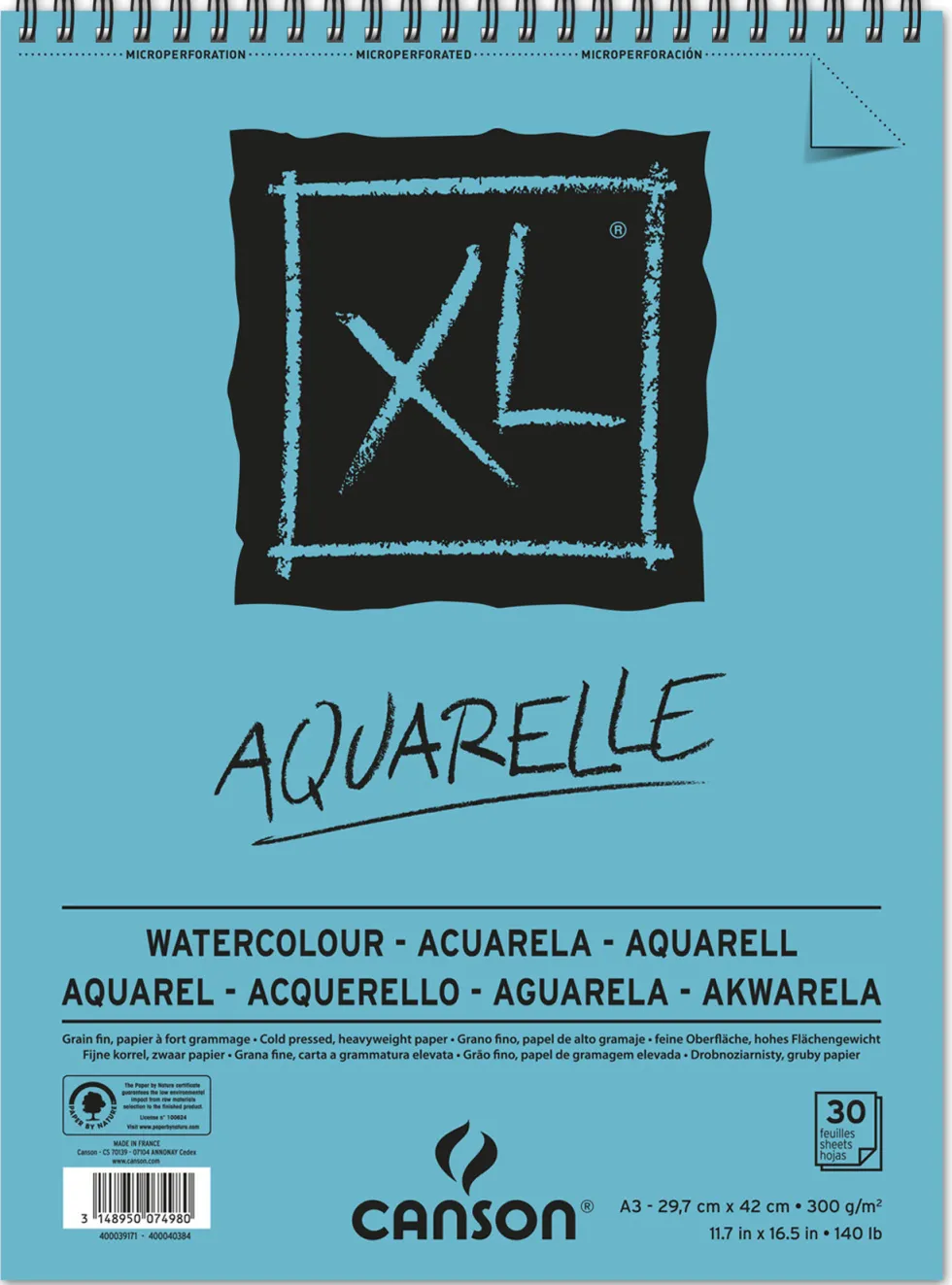 Blok do akwareli ze spiralą XL Aquarelle, A3 - Canson - 300 g, 30 ark.