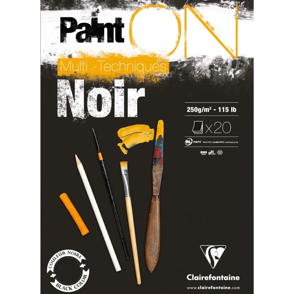 Blok uniwersalny Paint'On Mixed Media - Clairefontaine - czarny, A4, 250g, 20 ark.