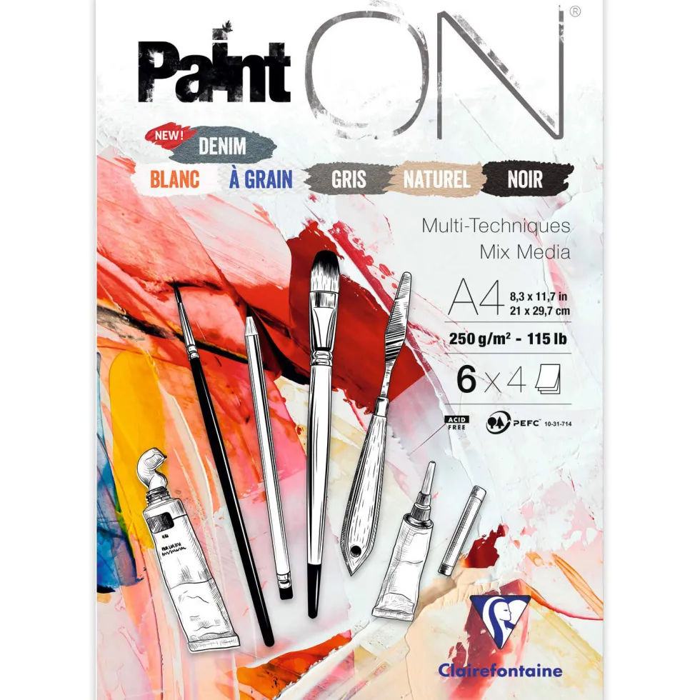 Blok uniwersalny Paint'On Mixed Media - Clairefontaine - 6 kolorów, A4, 250g, 24 ark.