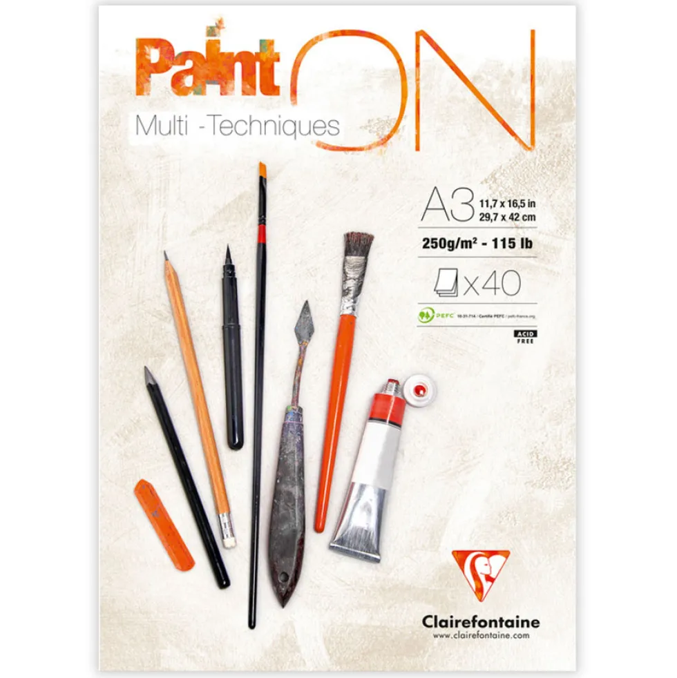 Blok uniwersalny Paint'On Mixed Media - Clairefontaine - śnieżnobiały, A3, 250g, 40 ark.