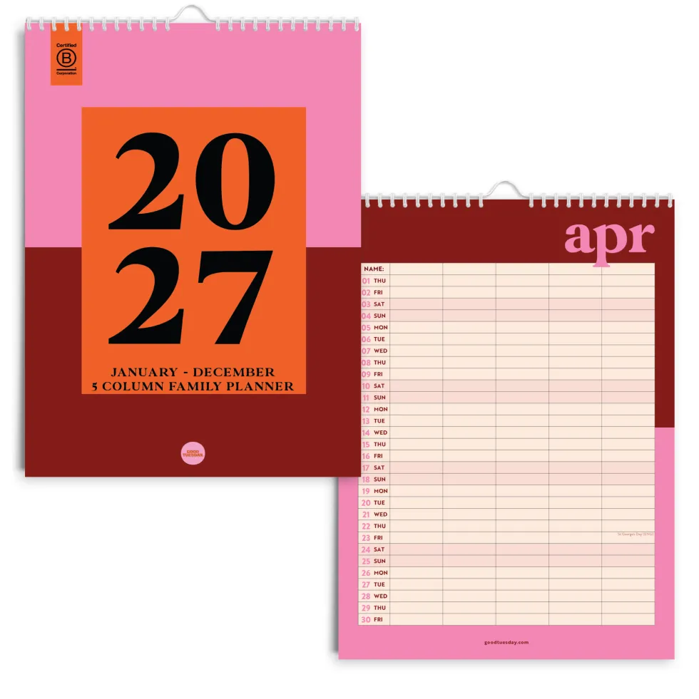 Kalendarz ścienny 2027 Family - Good Tuesday - Bold Block A3