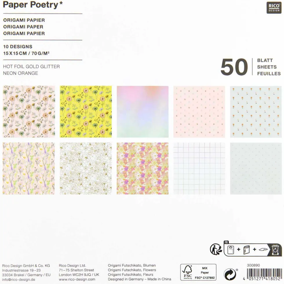 Papier origami Futschikato Kwiaty - Paper Poetry - 15 x 15 cm, 50 ark.
