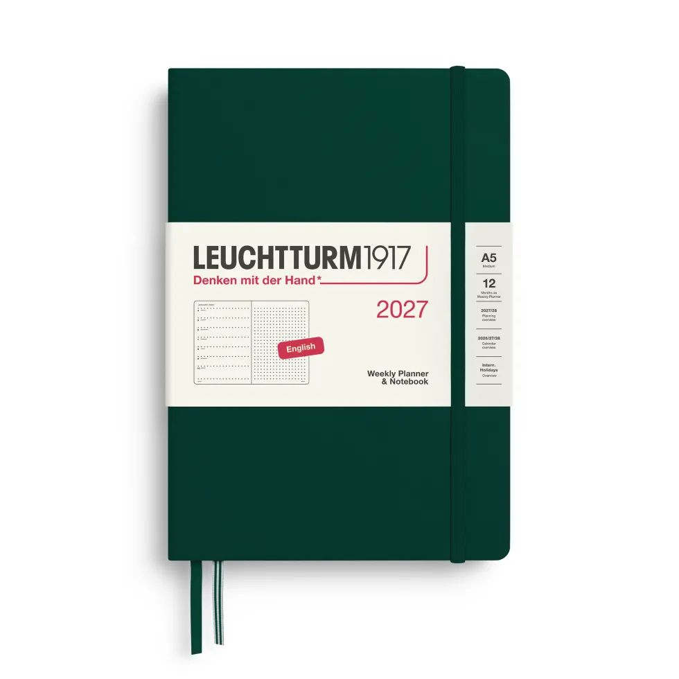 Planer tygodniowy z notatnikiem w kropki 2027 – Leuchtturm1917 – Forest Green A5