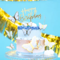Topper na tort Happy Birthday - złoty, 13 x 13,5 cm