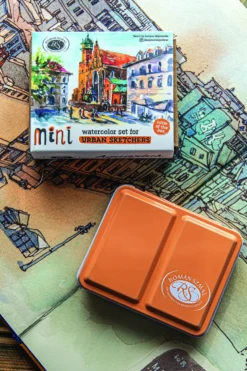 Zestaw akwareli Aquarius w półkostkach Mini Urban Sketchers - Roman Szmal - Apricot, 8 kolorów