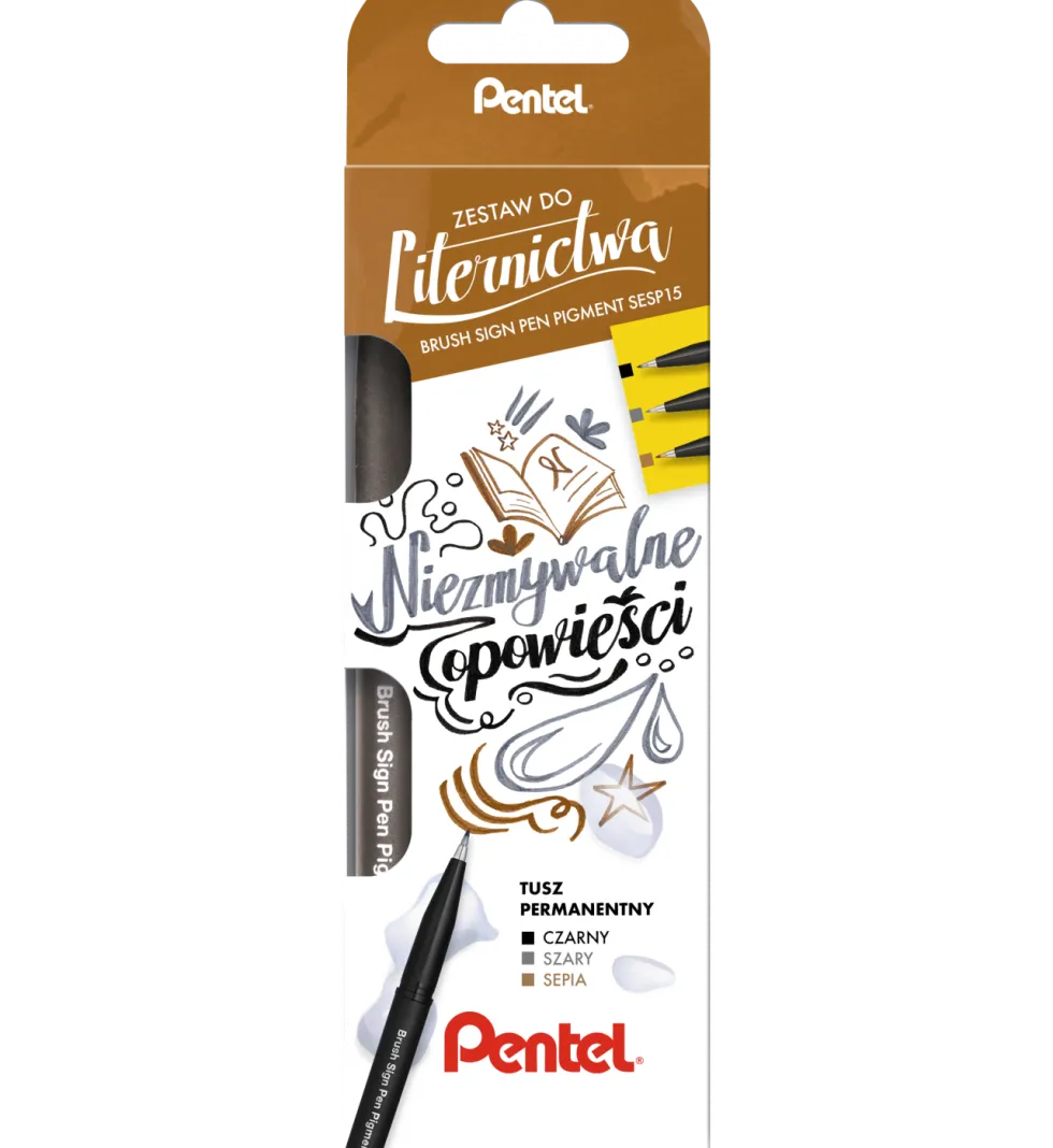 Zestaw do liternictwa Brush Sign - Pentel - Niezmywalne opowieści, 3 szt.