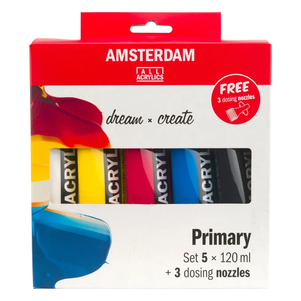 Zestaw farb akrylowych z dozownikami, Primary - Amsterdam - 5 kolorów x 120 ml