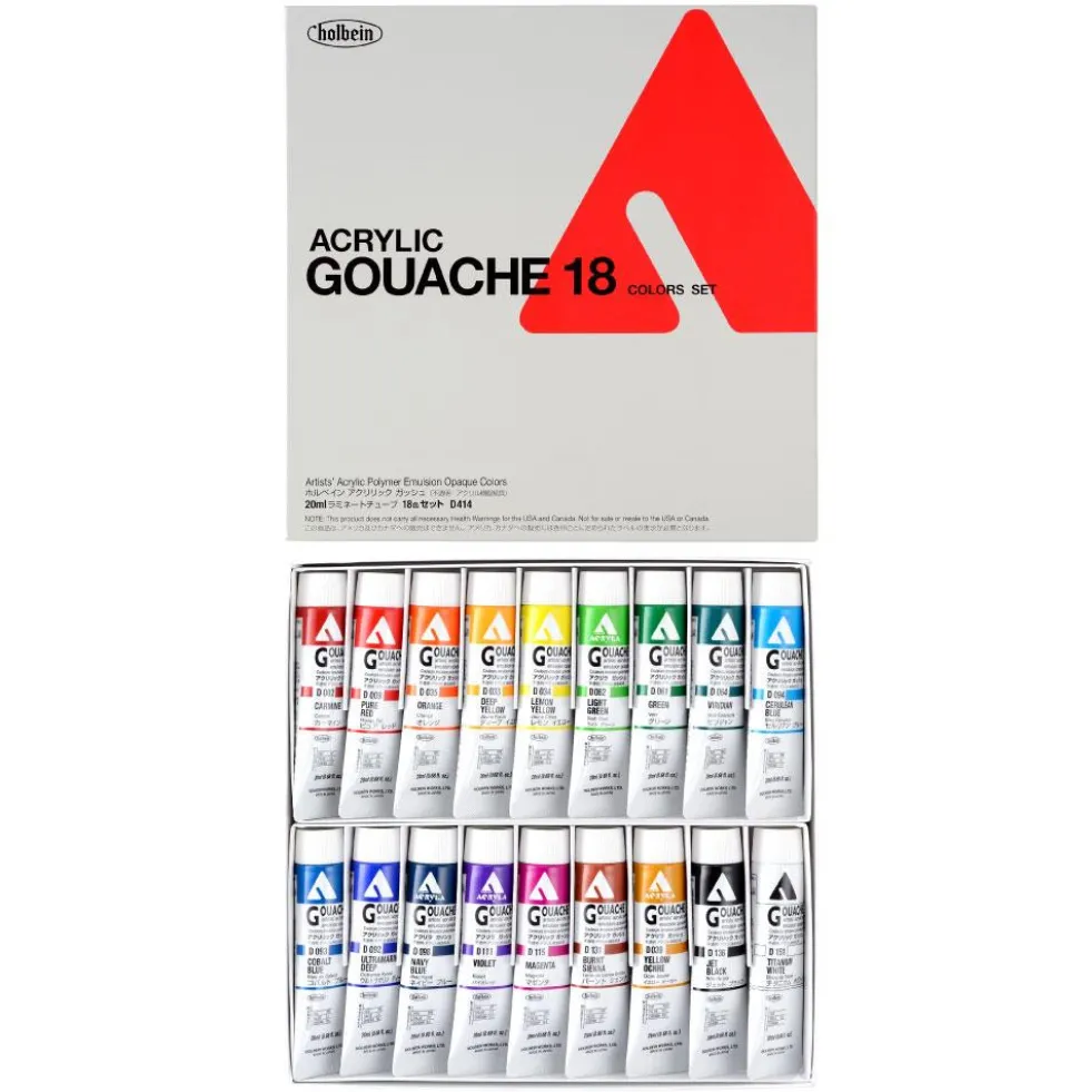 Zestaw farb gwaszy Acryla Gouache - Holbein - 18 kolorów x 20 ml