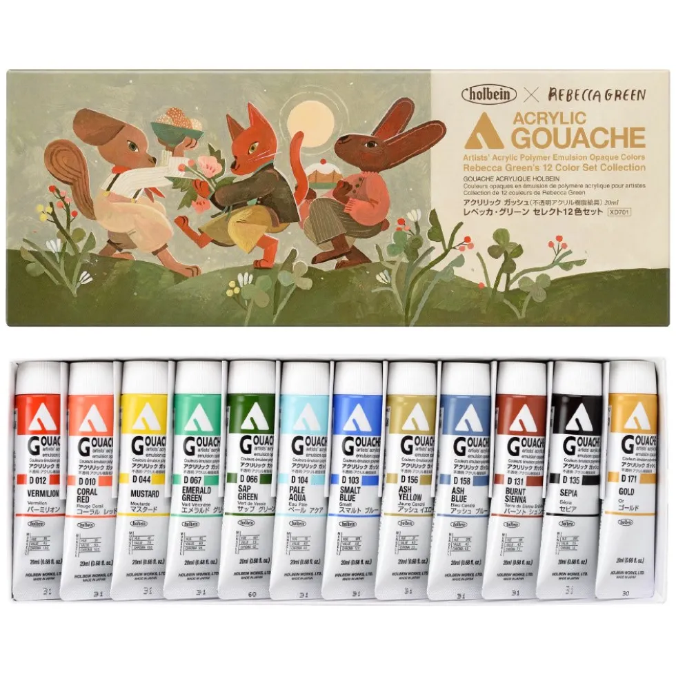 Zestaw farb gwaszy Acryla Gouache - Holbein - Rebecca Green 12 kolorów x 20 ml