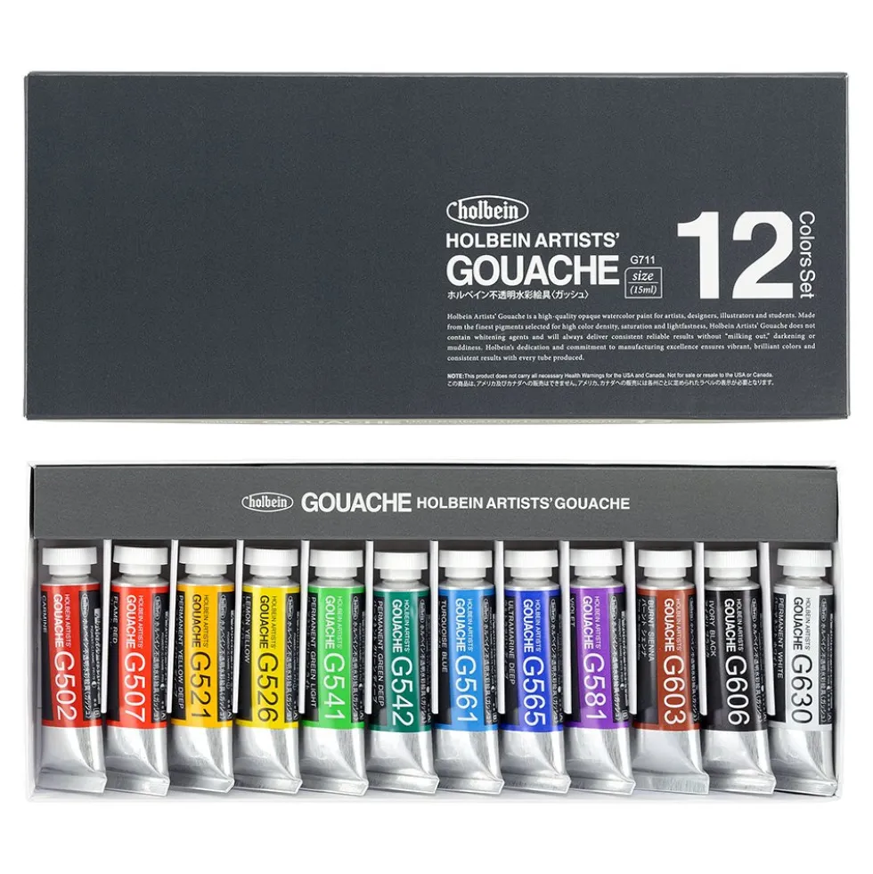 Zestaw gwaszy Artists’ Gouache - Holbein - 12 kolorów x 15 ml