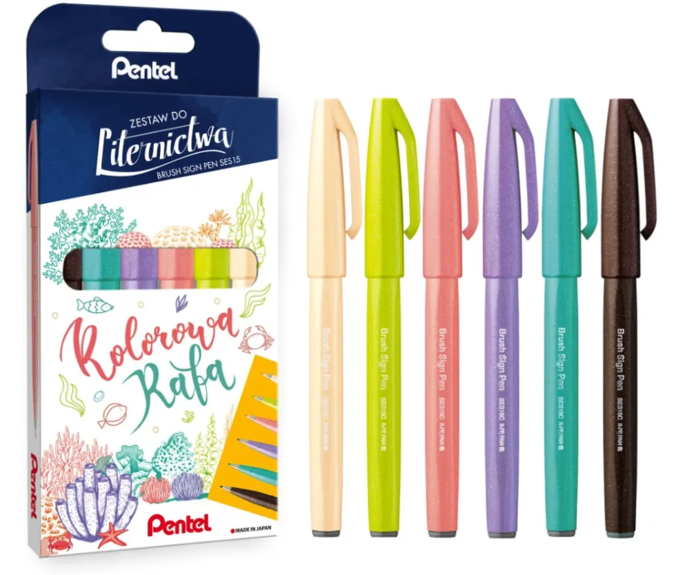 Zestaw pisaków artystycznych Brush Sign Pen - Pentel - Kolorowa Rafa, 6 szt.