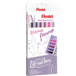 Zestaw pisaków Brush Sign Pen Twin - Pentel - Różowe Flamingi, 6 szt.
