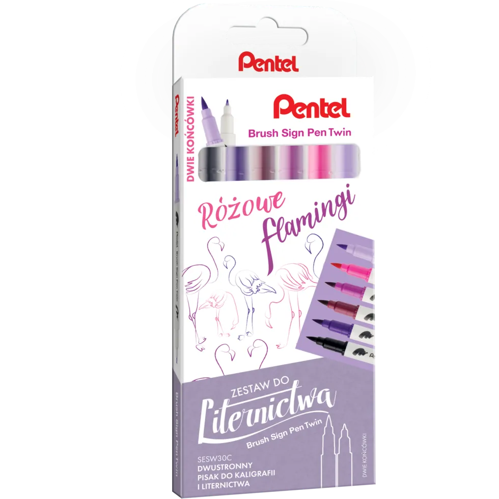 Zestaw pisaków Brush Sign Pen Twin - Pentel - Różowe Flamingi, 6 szt.