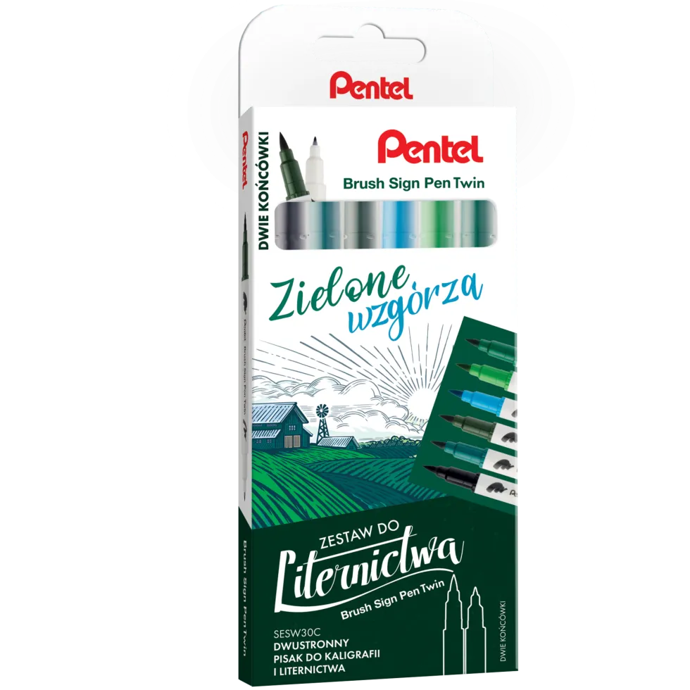 Zestaw pisaków Brush Sign Pen Twin - Pentel - Zielone Wzgórza, 6 szt.