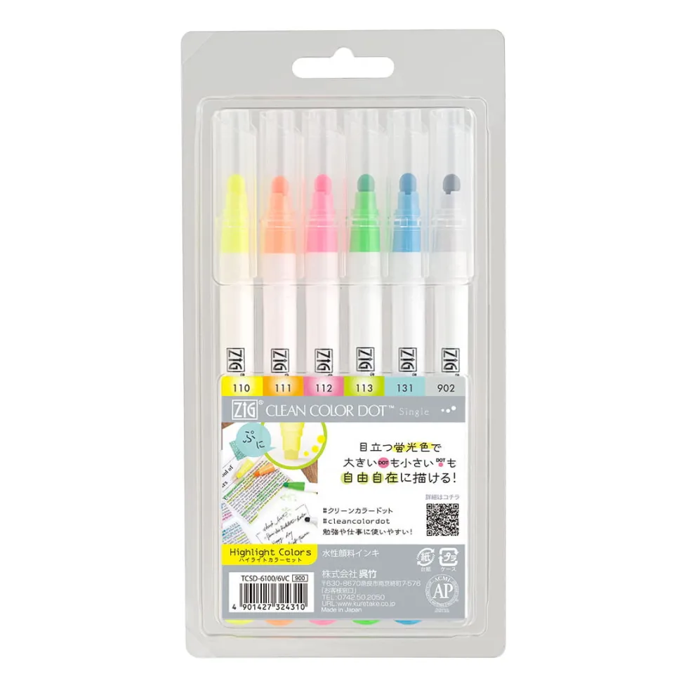Zestaw pisaków Zig Clean Color Dot - Kuretake - Highlight, 6 kolorów