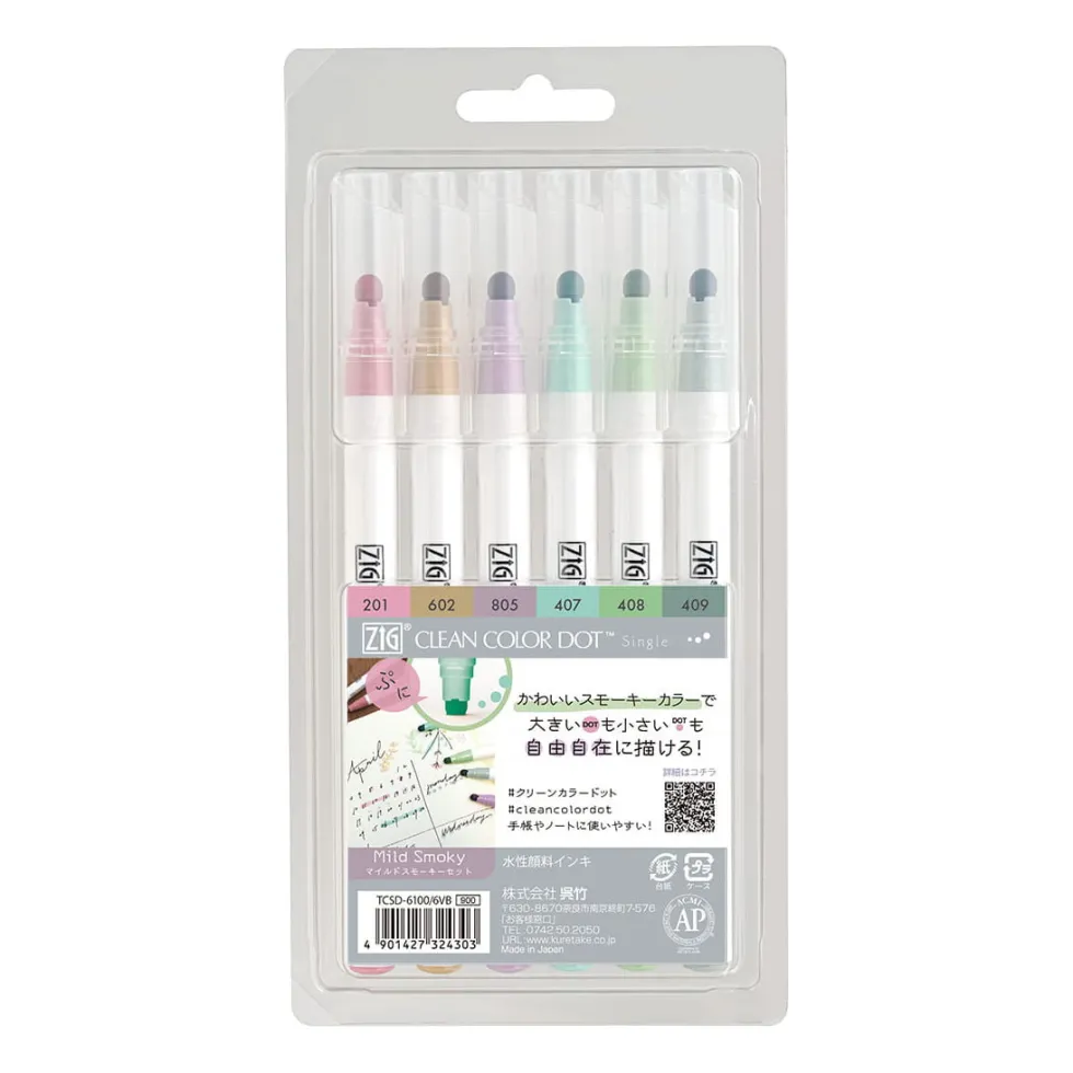 Zestaw pisaków Zig Clean Color Dot - Kuretake - Mild Smoky, 6 kolorów