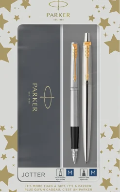 Zestaw z piórem wiecznym i długopisem Jotter w etui - Parker - Stainless Steel GT